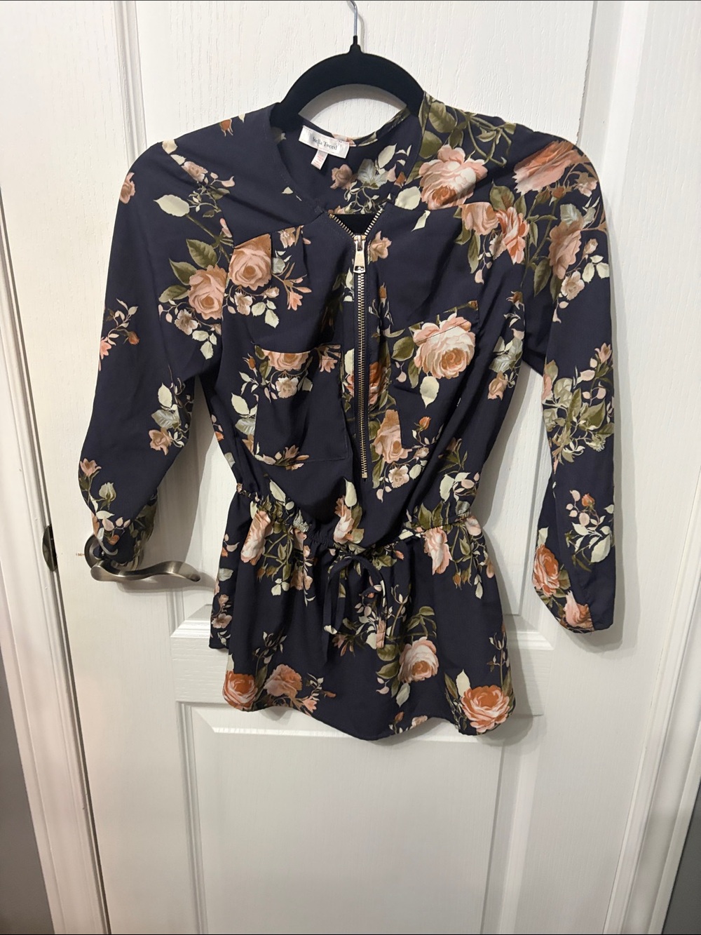 Stella Tweed Floral Zip-Front Peplum Top - Navy with Blush Roses